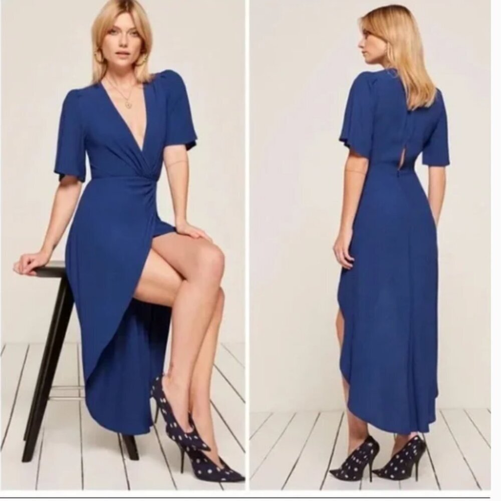 Reformation Westport Hi-Low Deep V Dress Cobalt Blue Size 10